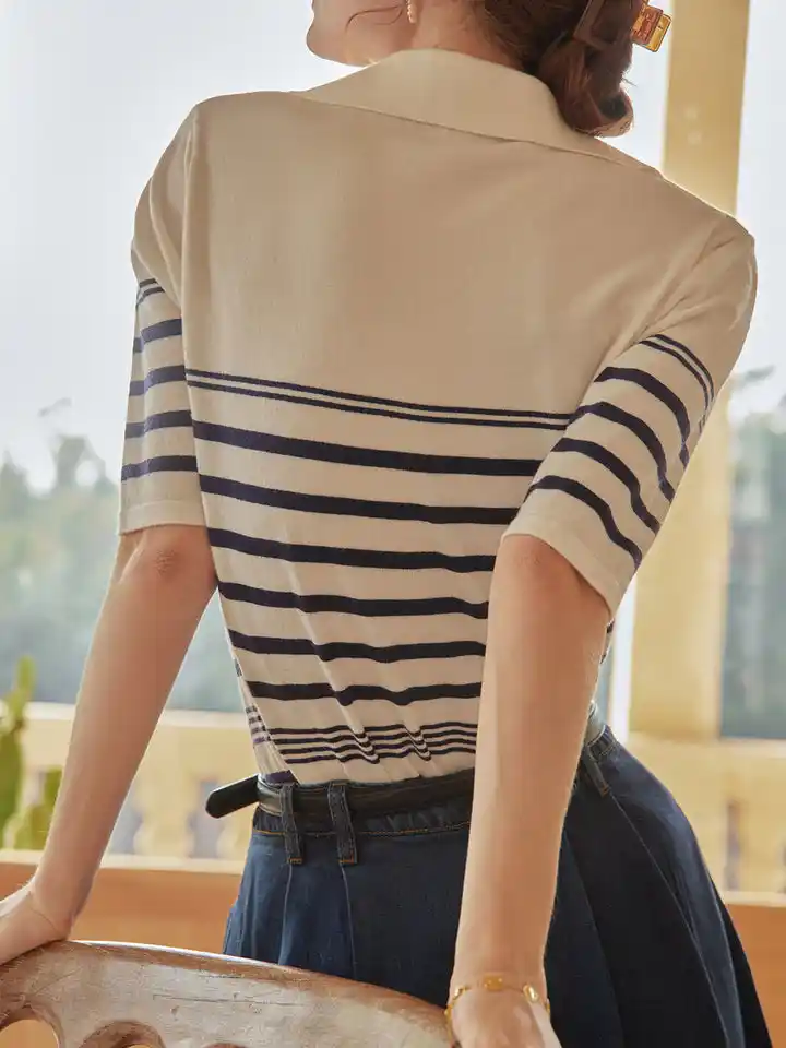 Fashion T-shirt Short Shirt Knitted High Quality Custom Fashion T-shirt Women Stripe Polo Short Sleeves Knit Sweater Shirt