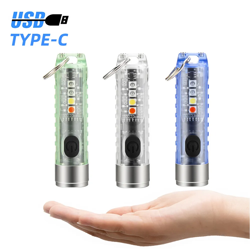 10 Light Mode Mini Key Chain Flash Light Torch Type-C Rechargeable Small Led Torch Light