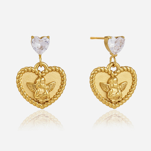 <span class=keywords><strong>J</strong></span>&D Jewelry - Pendientes Colgantes <span class=keywords><strong>de</strong></span> Acero Inoxidable con Baño <span class=keywords><strong>de</strong></span> Oro <span class=keywords><strong>de</strong></span> 18K, Resistentes al Agua, con Zirconia en Forma <span class=keywords><strong>de</strong></span> Corazón, Ángel Cupido, para Mujer, Regalo Romántico - Product Image 1