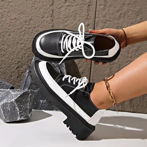 Color Block Autumn British Style Thick Heel Low Ankle Flats New Arrival Plus Size <b>Tie</b> <b>Back</b> Retro Small Leather Shoes - Product Image 1