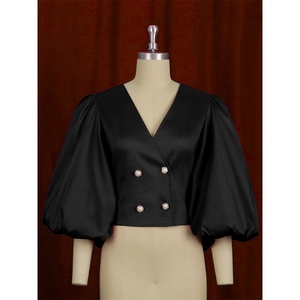 Chemisiers et chemises tendance pour femmes ZHEZHE, chemisier à manches bouffantes de couleur unie pour le printemps, chemisier à col en V avec boutons pour le bureau - Product Image 6