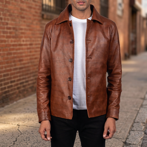 Veste en cuir véritable marron pour homme, col rabattu, simple boutonnage, style décontracté - Product Image 2