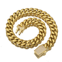 Chaîne cubaine Miami en acier inoxydable plaqué or 18 carats PVD, largeur 18 mm, style hip-hop, avec boucle en zircon