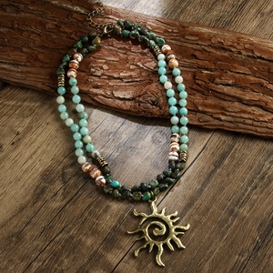 Collar de Moda Vintage Bohemio de <span class=keywords><strong>2</strong></span> Capas con Piedras Naturales de Hematita y Colgante de Totem del Dios Sol - Product Image 1