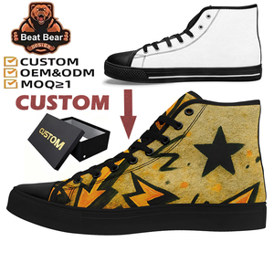 Chaussures montantes décontractées pour hommes en toile, personnalisées, avec imprimé étoile et éclair vintage, respirantes, style marche et skateboard, OEM ODM, faible MOQ - Product Image 1