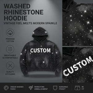 Sudadera con capucha de forro polar con cremallera y pedrería lavada, logotipo frontal personalizado, algodón premium, transpirable, ecológica, de secado rápido, unisex - Product Image 1
