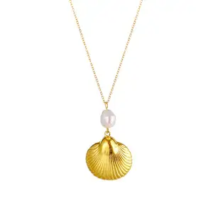 18K banhado a ouro aço inoxidável Lucky Jóias única água doce Pearl Shell pingente colar com pérola