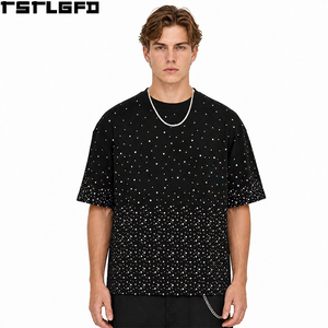เสื้อยืดโอเวอร์ไซส์ทรงใหญ่ หนัก น้ำหนักมาก สำหรับผู้ชาย สีดำ ประดับเพชรหลากสีไล่เฉดสี คอกลม ขายส่ง - Product Image 3