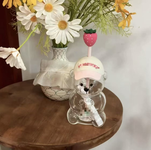 Botol Air Kaca Bentuk Beruang 3D Lucu dengan Tutup Sedotan dan Hiasan Stroberi, Cangkir Kaca Beruang Kawaii untuk Susu, Jus, Minuman Berbusa, Hadiah - Product Image 4