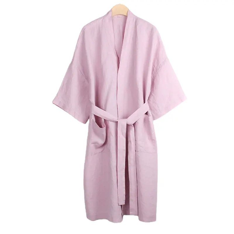 100% Linen Sleepwear Solid pajamas Skin-friendly Linen Robe Women's Sleepwear One Piece Belt Casual Lounge Wear Skin-friendly