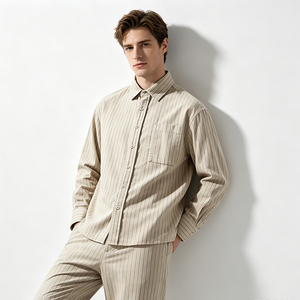 Chemise rayée vintage pour homme, beige gris, rayures verticales, manches longues, coton/lin, col pointu, poche simple, automne - Product Image 3
