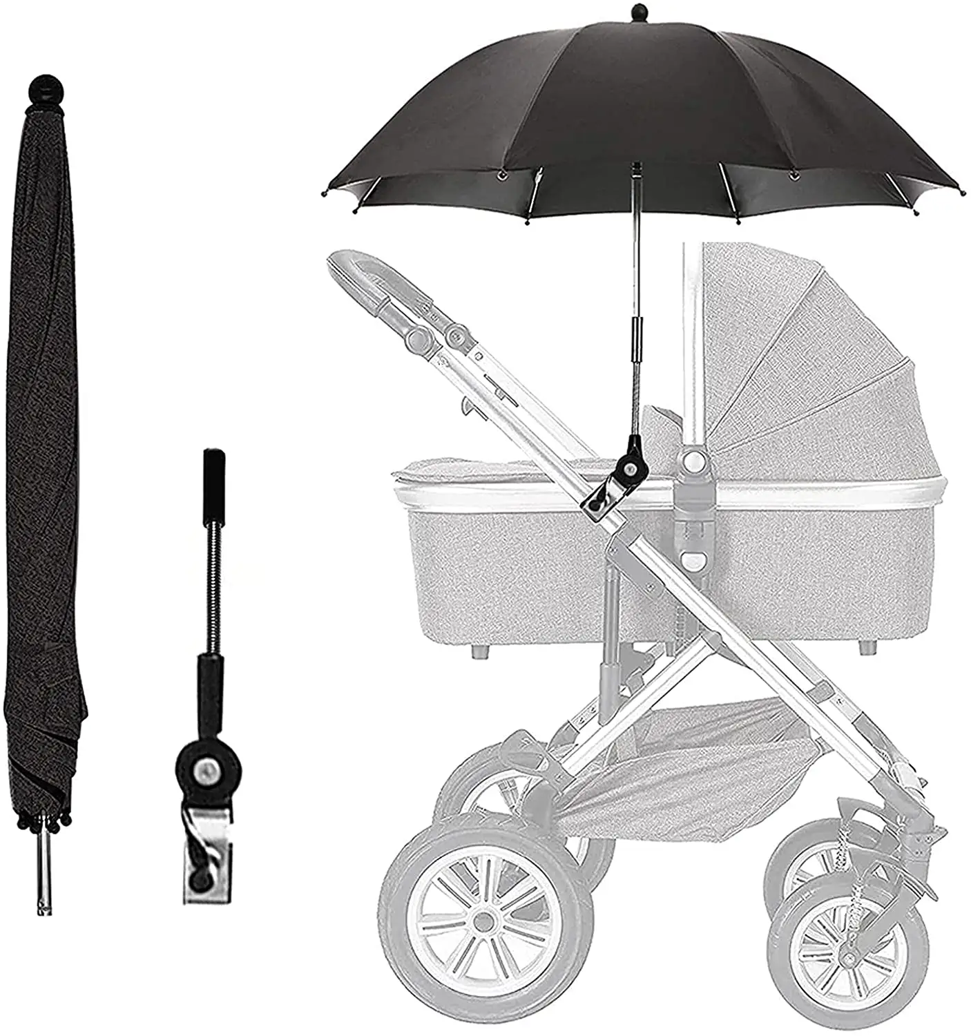 Guarda-chuva universal para carrinho de bebê, guarda-sol com braçadeira ajustável de 360 graus, proteção uv para carrinho de bebê, sombra à prova d' água