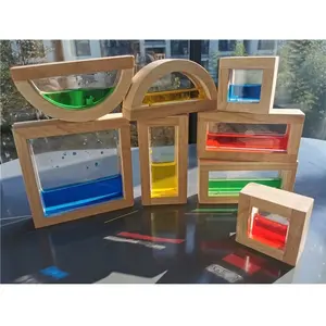 Montessori Wooden Toys Sensory Blocks Liquid Beads Sand Rubber Wood Stacking Acrylic Building Stacking