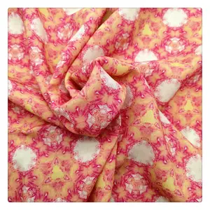 2022 Newest Pink color big floral design polyester silk material fabric chiffon for women dress