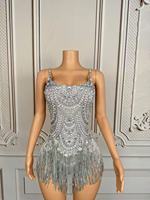 Robe de scène sexy imprimée avec des strass scintillants et des franges en spandex/polyester, costume de danse, combinaison pour femmes, performance en boîte de nuit