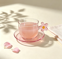 Set Cangkir & Piring Kaca Borosilikat dengan Gagang Bunga, Mug Bunga Pink yang Lucu, Cangkir Kopi Teh Tahan Panas untuk Dekorasi Meja Rumah Kafe.