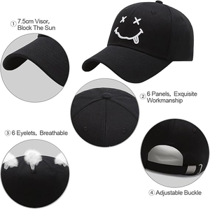 Casquette <span class=keywords><strong>de</strong></span> baseball 6 panneaux <span class=keywords><strong>de</strong></span> qualité OEM ODM avec broderie personnalisée motif sourire pour grossistes, usine BSCI, prix <span class=keywords><strong>de</strong></span> casquette streetwear - Product Image 2