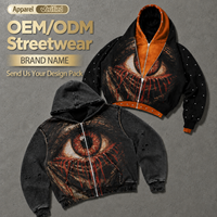 Nouveau Hoodie Homme 2026 450 g/m² Délavé à l'acide avec Motif Oeil Réaliste, Manches Ornées de Strass, Fermeture Éclair Intégrale, Logo Personnalisé