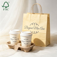 Gobelets en papier personnalisés pour café avec support en pulpe moulée et ensemble de sacs en papier kraft pour emballage de boissons à emporter