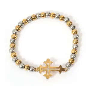 Armbänder 18K plattiert religiöse Gebets perlen Charms starke elastische Schnur Großhandel Kreuz Edelstahl Armband