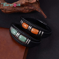 Bracelet en cuir noir classique vintage avec perles en pierre naturelle et fermoir magnétique en acier inoxydable pour anniversaire