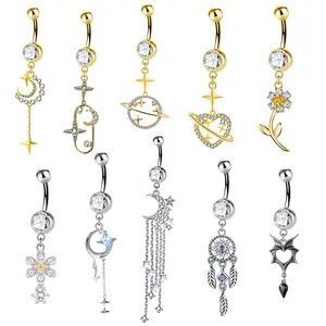 Custom 316L surgical steel belly rings charm fashion dangle flower type zirconia piercing jewelry belly button ring