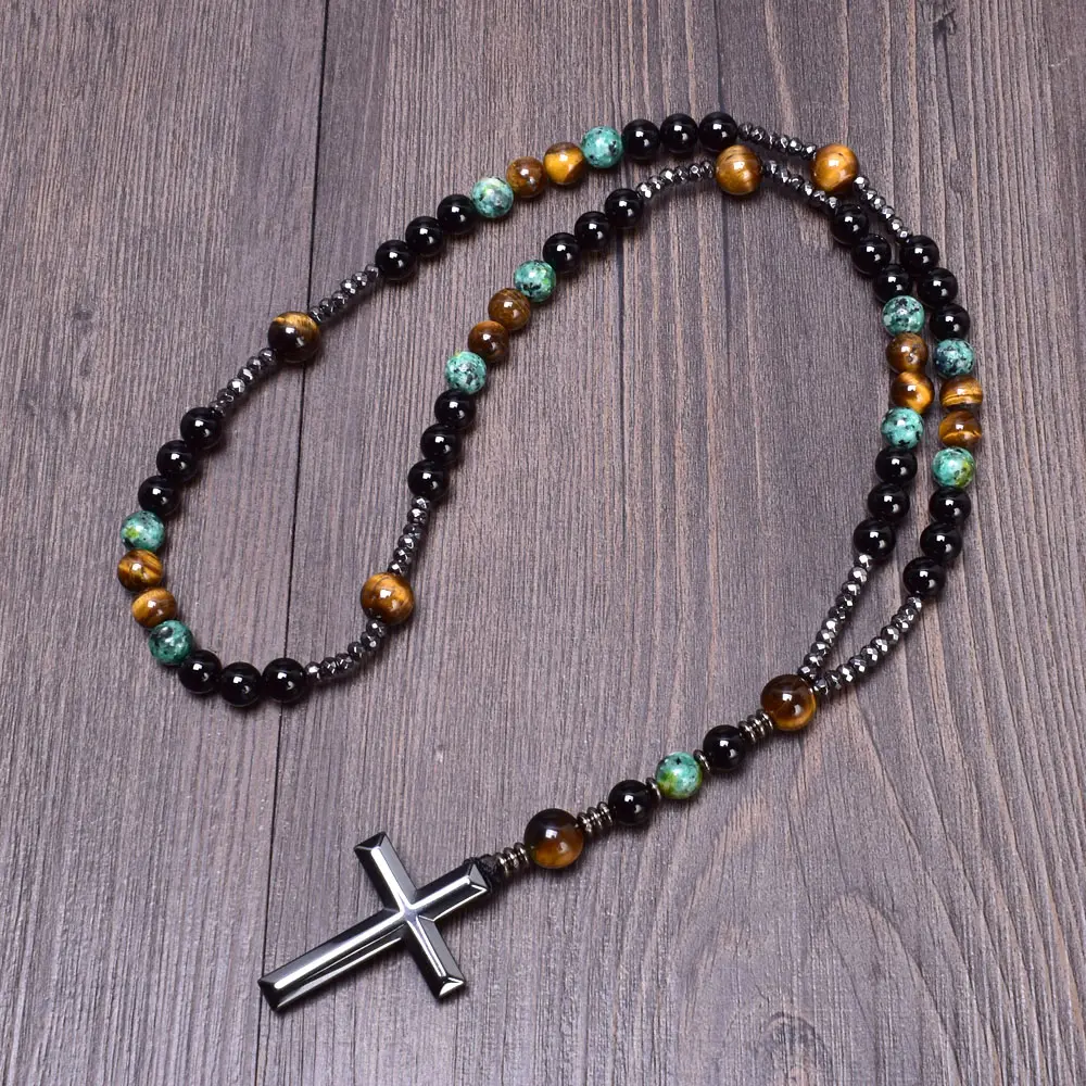 Turchese africano agata nera giallo occhio di tigre perline rosario cattolico collana croce per uomo cristo meditazione gioielli Dropship