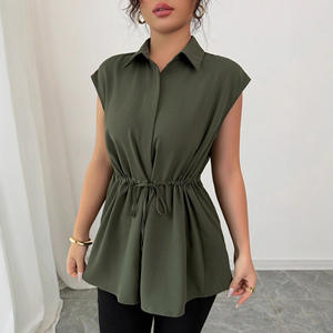 Camisa de Poliéster con Cuello en V, Manga Corta, Color Sólido, Estilo Coreano, Elegante, Transpirable, con Cordón Ajustable en la Cintura, para Mujer de Oficina - Product Image 1