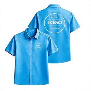เสื้อเชิ้ตแขนสั้นสีน้ำเงินล้วนสำหรับผู้ชาย ปกคอปก ระบายอากาศได้ดี สไตล์ลำลองสำหรับฤดูร้อน พิมพ์โลโก้ได้ตามต้องการ - Product Image 1