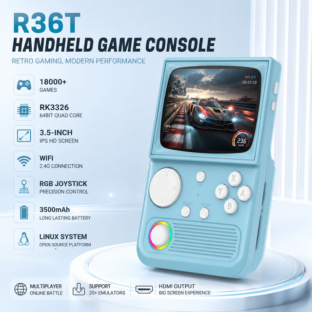 R36t Handheld Game Console 3.5 Inch IPS Screen Linux System RK3326 64GB 18000+ Games WiFi Online Battle Joystick Portable Gift