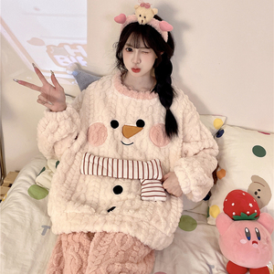 2025 Otoño Invierno nuevo 280g Coral polar pijamas mujeres lindo dibujos animados cuello redondo franela engrosada ropa de casa - Product Image 1