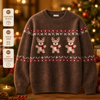 Pull de Noël personnalisé pour homme, marron, motif renne, en mélange de laine 12GG, jacquard mignon, style vintage nordique, pull de fête, OEM