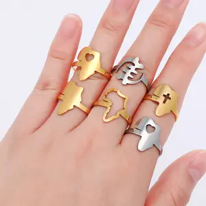 时尚新款金色不锈钢光泽金色非洲地图形状手指戒指生日礼物派对女性珠宝开环