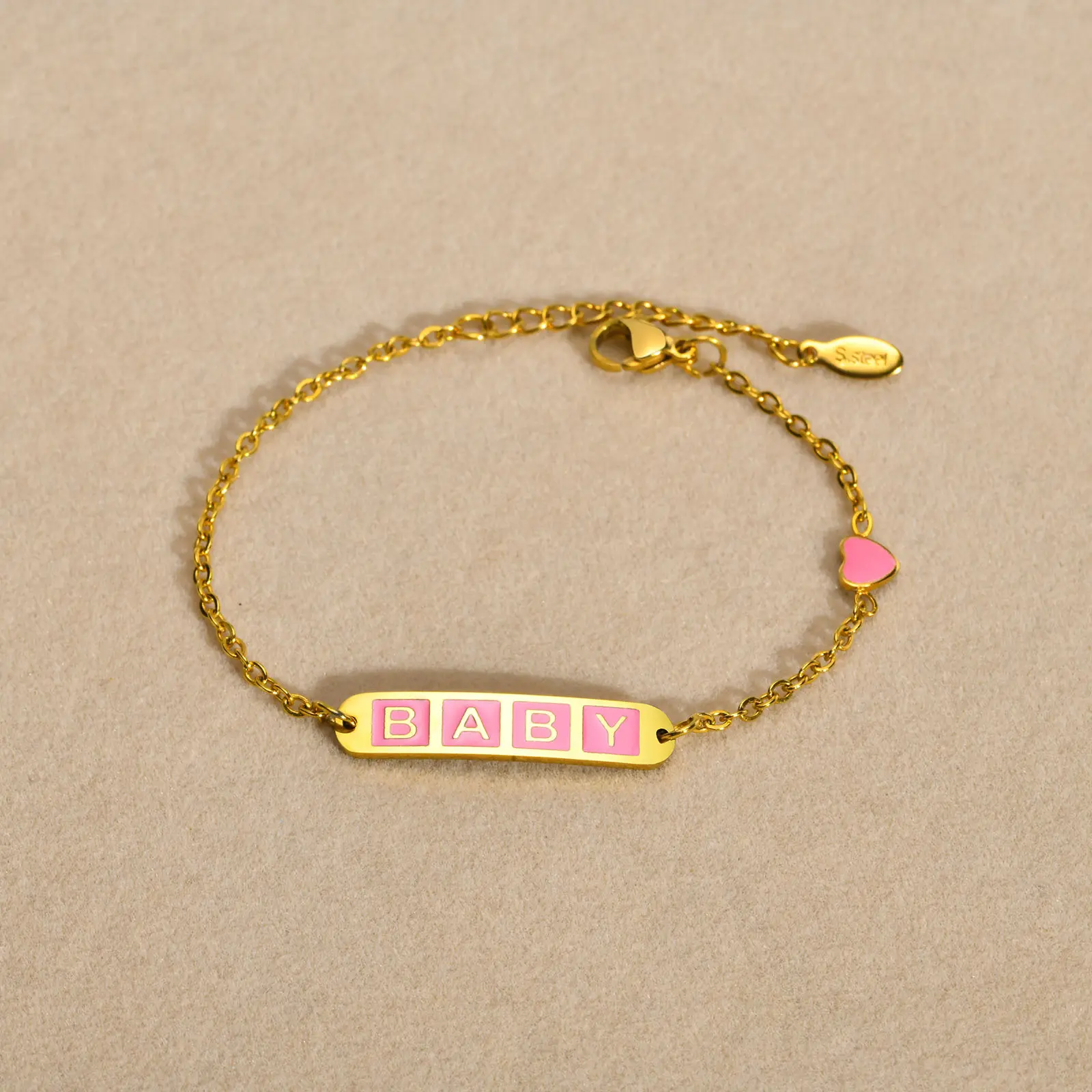 Aço inoxidável Meninas Cute Letter BABY Curved Heart Dropping Pink heart Adhesive Bracelet 18K banhado a ouro acessórios meninas