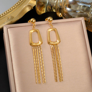 Boucles d'oreilles pendantes de luxe pour femmes, en acier inoxydable plaqué or 18 carats, avec longues pampilles géométriques exagérées, vente en gros, nouveauté - Product Image 3