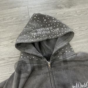 Custom Manufacturer Fade Distressed Boxy <b>Cropped</b> Zipper Streetwear Acid Wash 500gsm Men <b>Zip</b> <b>Up</b> Heavyweight Rhinestone <b>Hoodie</b> - Product Image 2