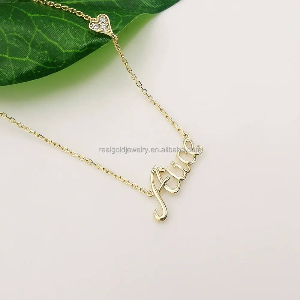 Nice Gift Customized 9k Solid Gold Name Necklace Personalized Letter 9k Real Gold Heart Chain Necklace Jewelry