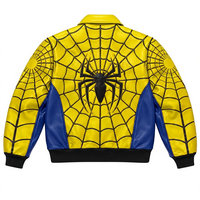 Chaqueta Bomber de PU Amarilla con Diseño de Telaraña para Hombre, Cierre de Cremallera, Cuello Camisero, Estilo Casual de Otoño, Estampado con Personajes