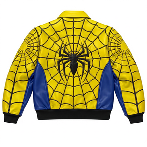 Blouson Bomber en PU jaune pour homme, motif toile d'araignée, fermeture éclair, col rabattable, style décontracté automne, imprimé motif - Product Image 2