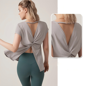 Haut de yoga pour femme à dos torsadé et devant ouvert, manches courtes, coupe ample, séchage rapide, respirant, vêtement de sport OEM ODM - Product Image 5