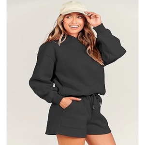 Conjunto de 2 Piezas para Mujer, Sudadera con Capucha y Pantalones Cortos Negros, Corte Holgado Informal, Felpa, Color Sólido, Uso Diario, Primavera/Verano - Product Image 6