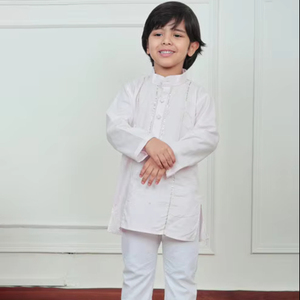 ชุดคุรตะผ้าฝ้ายสีชมพูสำหรับเด็กผู้ชาย ชุดพื้นเมืองแบบดั้งเดิมสำหรับเด็ก ชุดสำหรับงานเทศกาล งานแต่งงาน งานปาร์ตี้ ชุดคุรตะคลาสสิกที่ใส่สบาย - Product Image 1