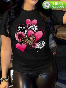 T-shirt da donna ZNSN in cotone a maniche corte, stampa leopardata con cuori e fiori, girocollo, vestibilità casual e confortevole, per tutte le stagioni, lavabile in lavatrice - Product Image 3