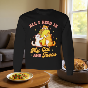 T-shirt a maniche lunghe con stampa digitale unisex girocollo per adulti con scritta 'All I Need Is My Cat And Tacos' - Product Image 3