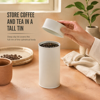 Boîtes à café et thé en fer blanc à double couvercle hermétique, cylindriques hautes, blanches mates et noires, pour usage industriel, avec compte-gouttes alimentaire et opercule scellé.