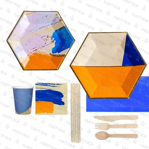 紙皿とカップのようなPartybus六角形大理石分解可能な使い捨てディナーパーティー食器セット