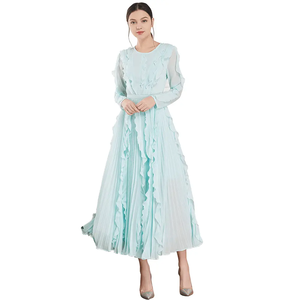 2019 Spring Newly Arrival Long Sleeves Round Neck Zipper Clisure Ruffles Solid Green Color Latest Design Plain Chiffon Dress
