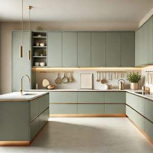 Conception de cuisine modulaire moderne avec des armoires vert pastel, style minimaliste, rangement à fermeture douce et finition intérieure élégante - Product Image 1