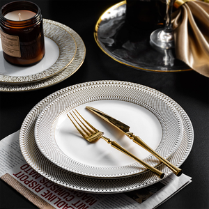 Piatto Rotondo in Ceramica Bianca di Lusso con Bordo Dorato, <span class=keywords><strong>Piatti</strong></span> in <span class=keywords><strong>Porcellana</strong></span> per Cucina Occidentale, Insalata, Dessert, Matrimoni e Banchetti - Product Image 6