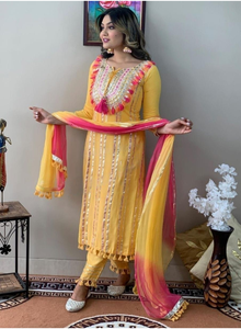 Yellow Kurti <b>Pant</b> Dupatta Set Rayon Embroidery Lace Work Ethnic Wear <b>Three</b> <b>Quarter</b> Sleeves Round Neck Solid Traditional Dress - Product Image 5